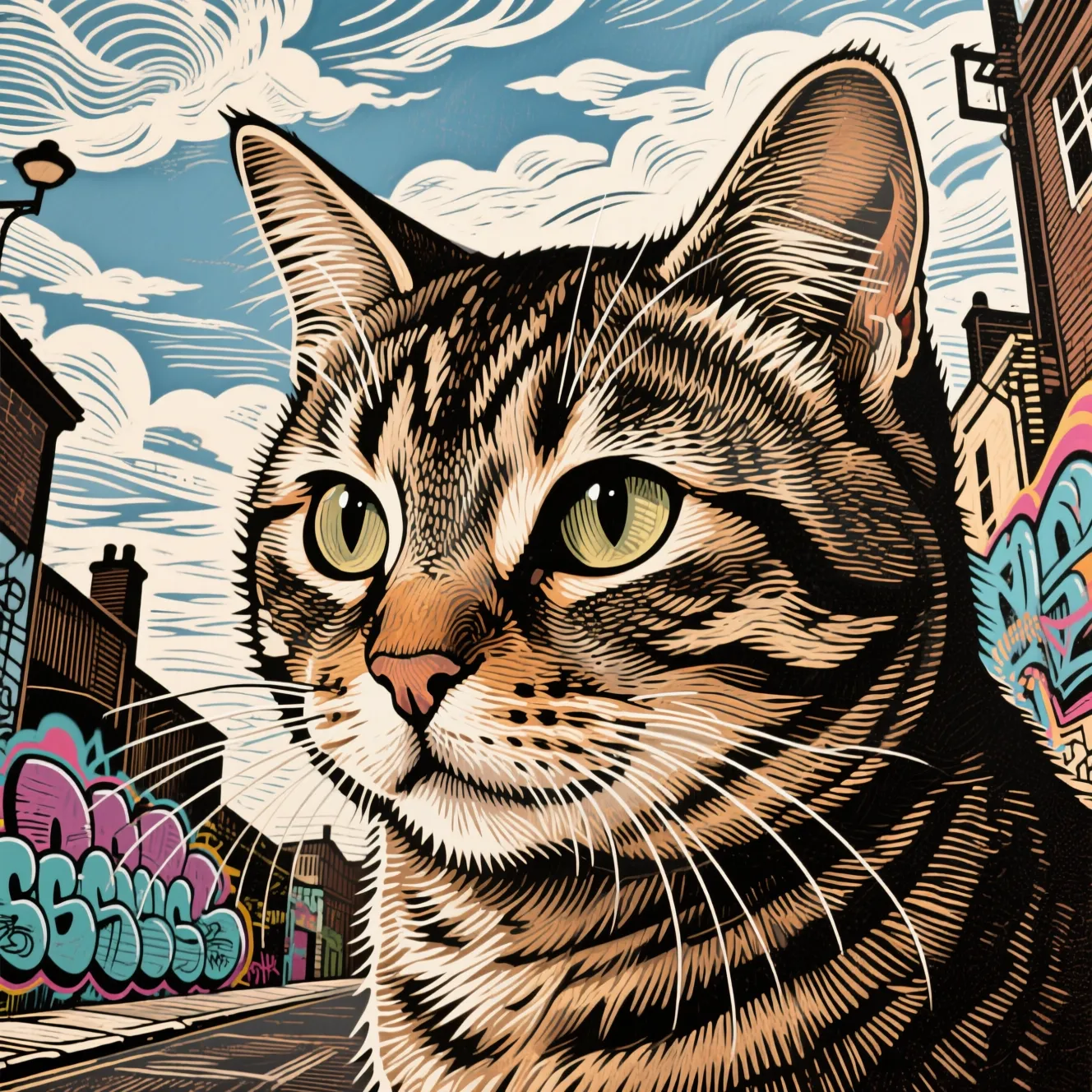 [Cat] in the style of illusory wallpaper portraits, intricate woodcut designs, close-up,detailed skies, street art influences, close-up intensity
